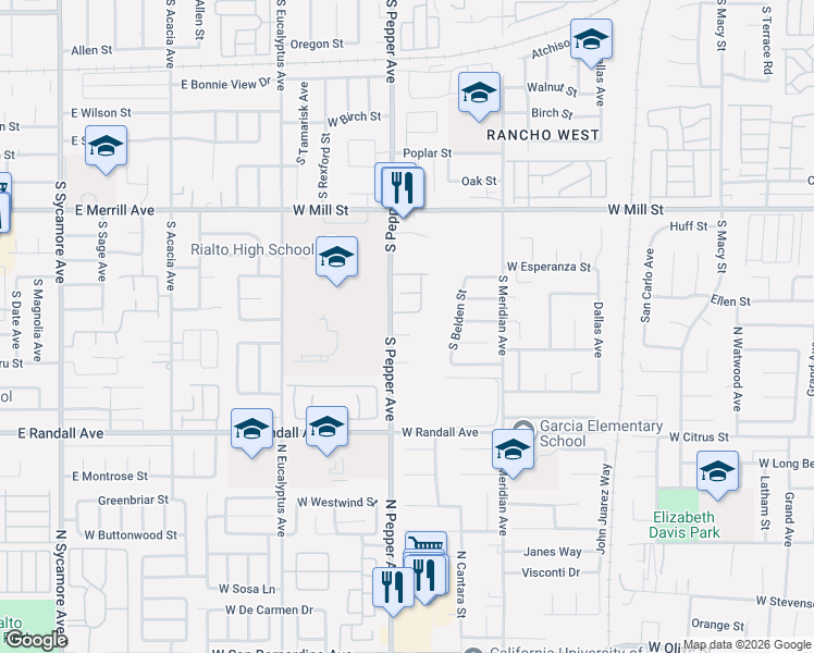 map of restaurants, bars, coffee shops, grocery stores, and more near 2875 Park Haven Drive in Rialto