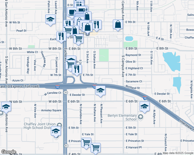 map of restaurants, bars, coffee shops, grocery stores, and more near 375 East 7th Street in Upland