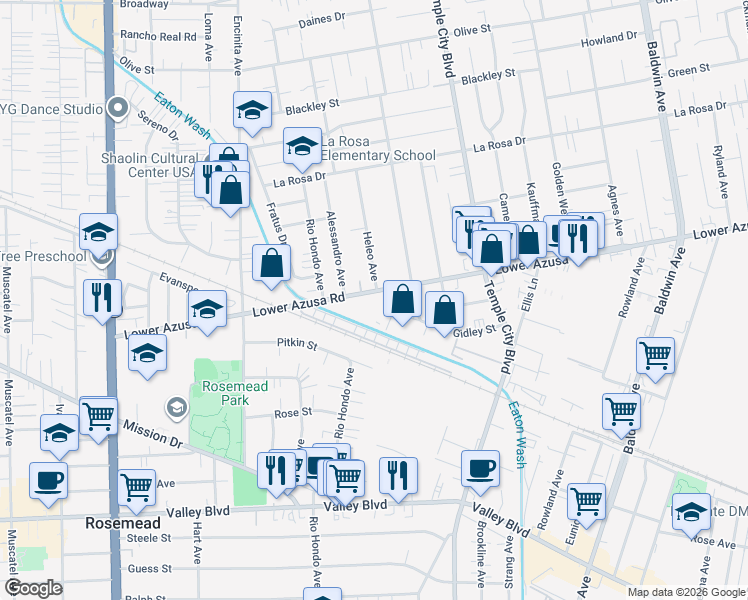 map of restaurants, bars, coffee shops, grocery stores, and more near 9409 Lower Azusa Road in Temple City