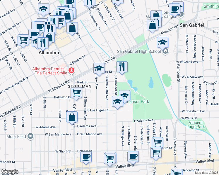 map of restaurants, bars, coffee shops, grocery stores, and more near 701 South Almansor Street in Alhambra