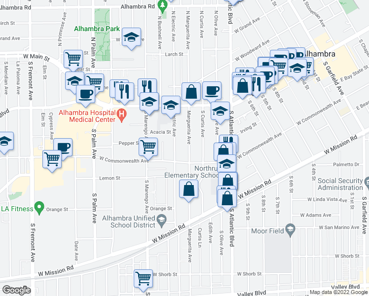 map of restaurants, bars, coffee shops, grocery stores, and more near 203 Marguerita Avenue in Alhambra