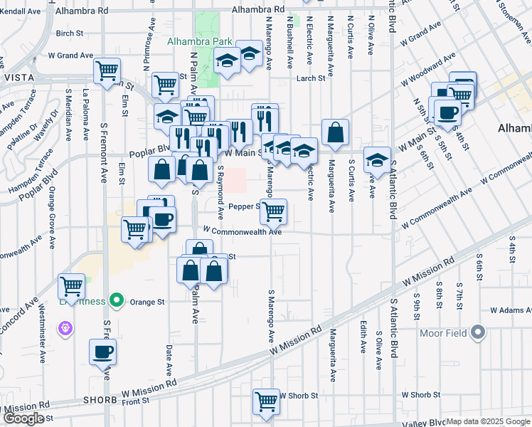 map of restaurants, bars, coffee shops, grocery stores, and more near 1721 Pepper Street in Alhambra