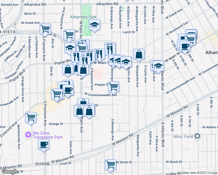 map of restaurants, bars, coffee shops, grocery stores, and more near 1721 Pepper Street in Alhambra