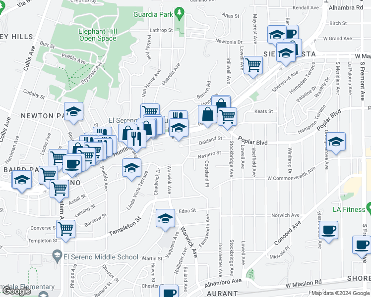 map of restaurants, bars, coffee shops, grocery stores, and more near 5303 Oakland Street in Los Angeles