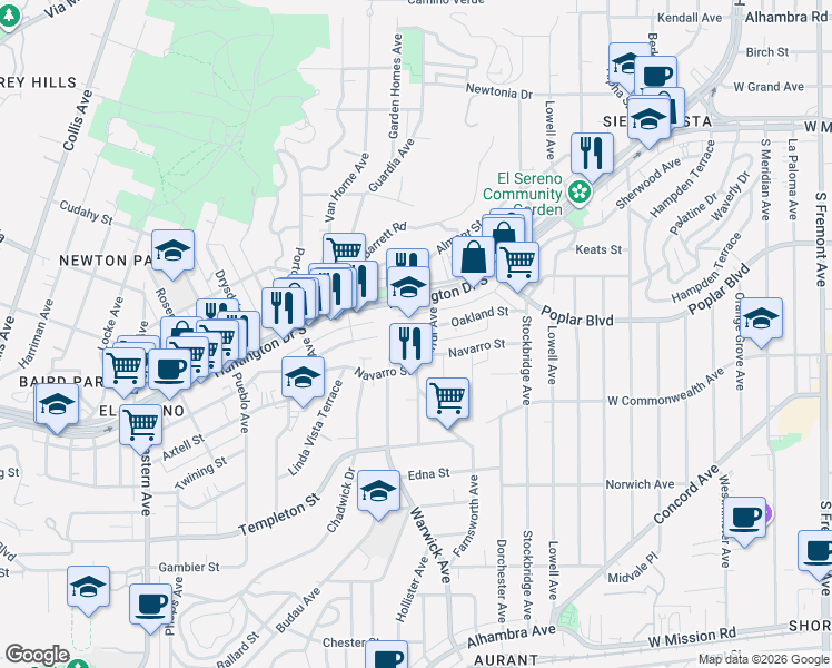 map of restaurants, bars, coffee shops, grocery stores, and more near 5303 Oakland Street in Los Angeles