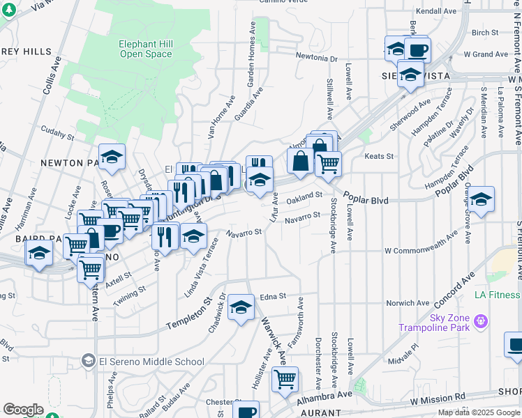 map of restaurants, bars, coffee shops, grocery stores, and more near 5226 Huntington Drive South in Los Angeles
