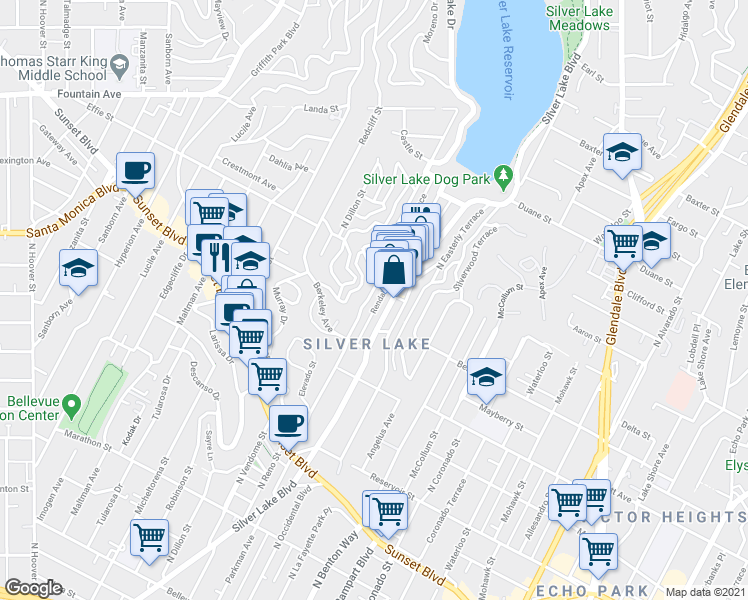 map of restaurants, bars, coffee shops, grocery stores, and more near 1638 Rotary Drive in Los Angeles