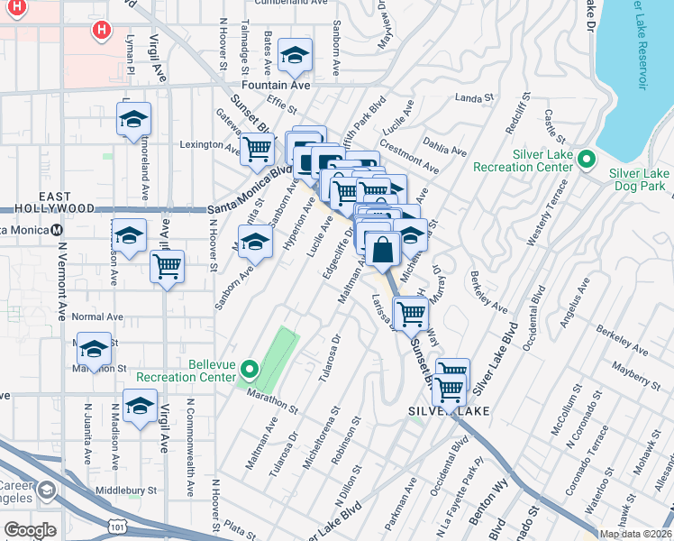 map of restaurants, bars, coffee shops, grocery stores, and more near 1409 Maltman Avenue in Los Angeles
