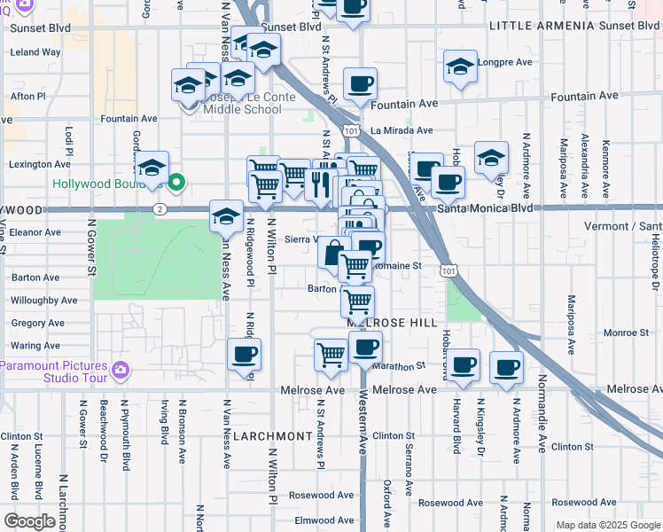 map of restaurants, bars, coffee shops, grocery stores, and more near 5452 Sierra Vista Avenue in Los Angeles