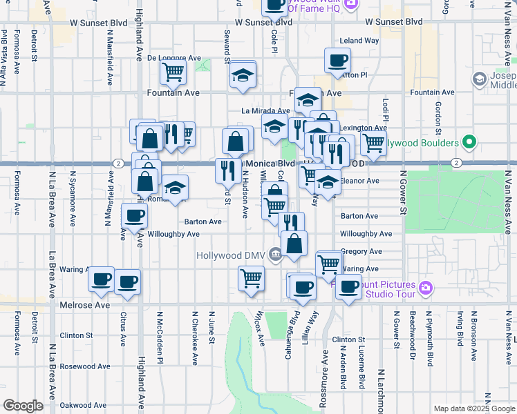 map of restaurants, bars, coffee shops, grocery stores, and more near in West Hollywood