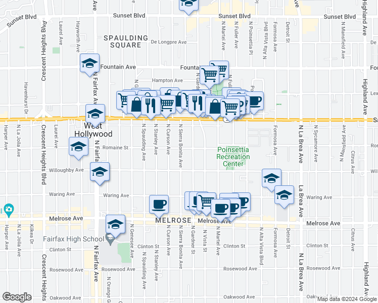 map of restaurants, bars, coffee shops, grocery stores, and more near in West Hollywood