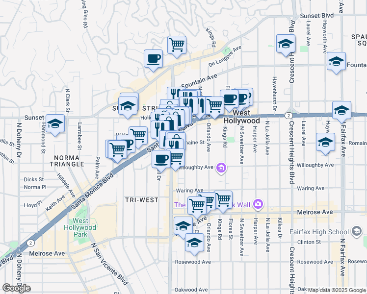 map of restaurants, bars, coffee shops, grocery stores, and more near 1007 North Alfred Street in West Hollywood