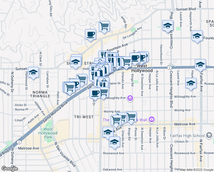 map of restaurants, bars, coffee shops, grocery stores, and more near 1007 North Alfred Street in West Hollywood