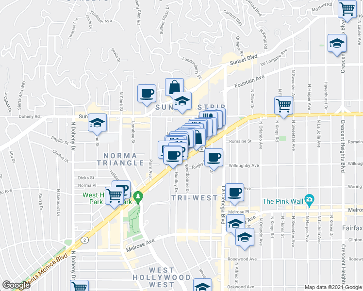 map of restaurants, bars, coffee shops, grocery stores, and more near 8620 North West Knoll Drive in West Hollywood