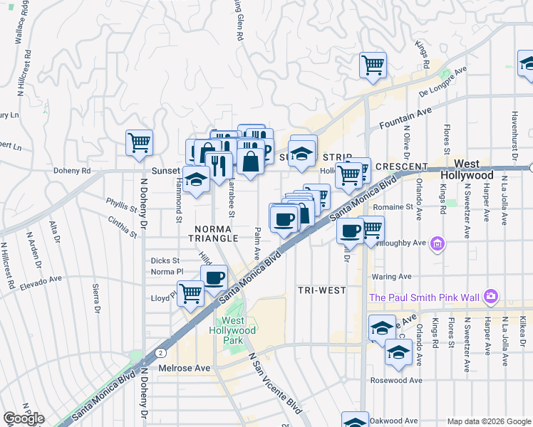 map of restaurants, bars, coffee shops, grocery stores, and more near in West Hollywood