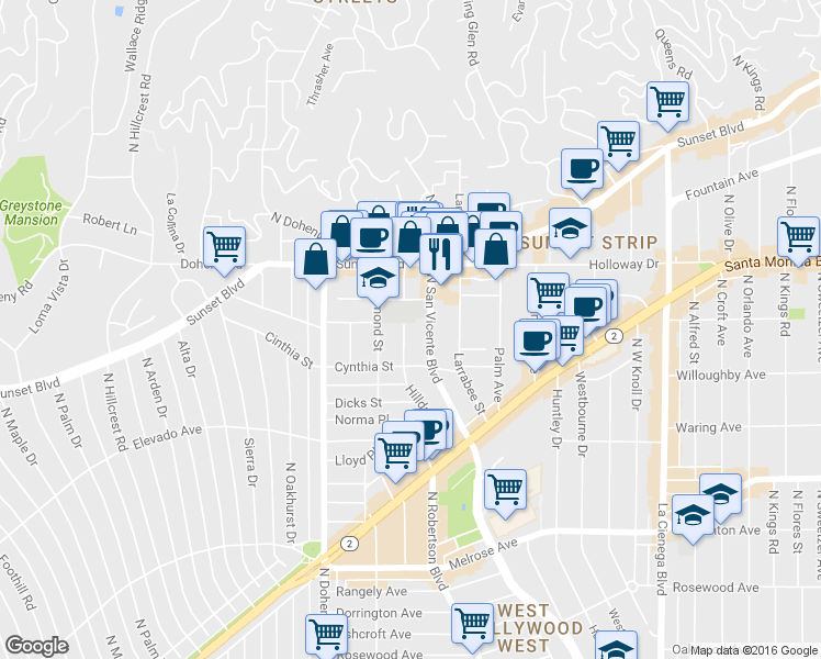 map of restaurants, bars, coffee shops, grocery stores, and more near 955 North San Vicente Boulevard in West Hollywood