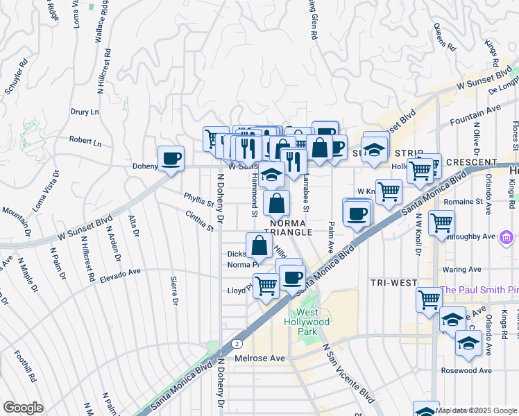 map of restaurants, bars, coffee shops, grocery stores, and more near 967 Hammond Street in West Hollywood