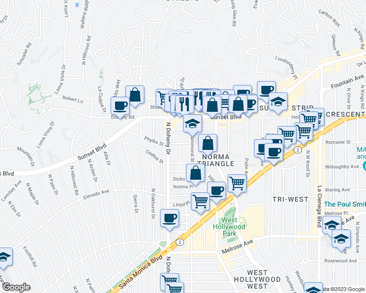 map of restaurants, bars, coffee shops, grocery stores, and more near 9039 Phyllis Avenue in West Hollywood