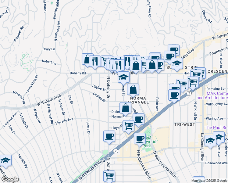 map of restaurants, bars, coffee shops, grocery stores, and more near 9039 Phyllis Avenue in West Hollywood