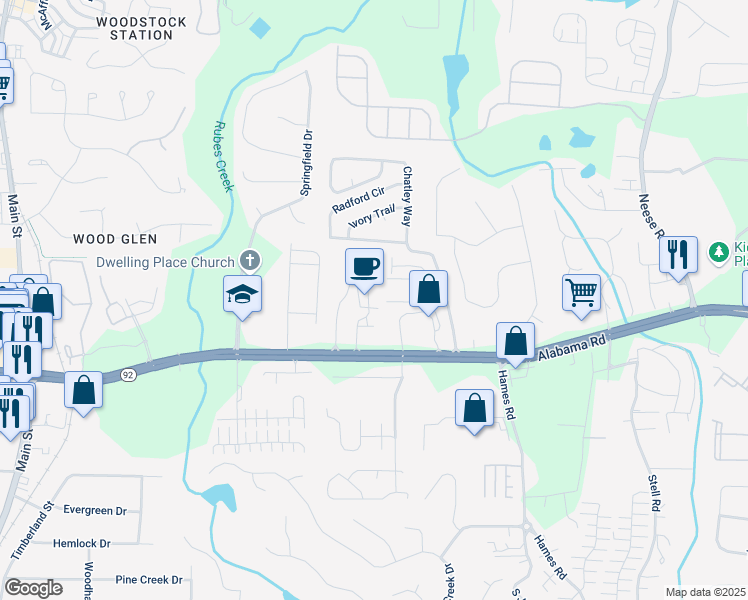 map of restaurants, bars, coffee shops, grocery stores, and more near 338 Cherryhill Lane in Woodstock