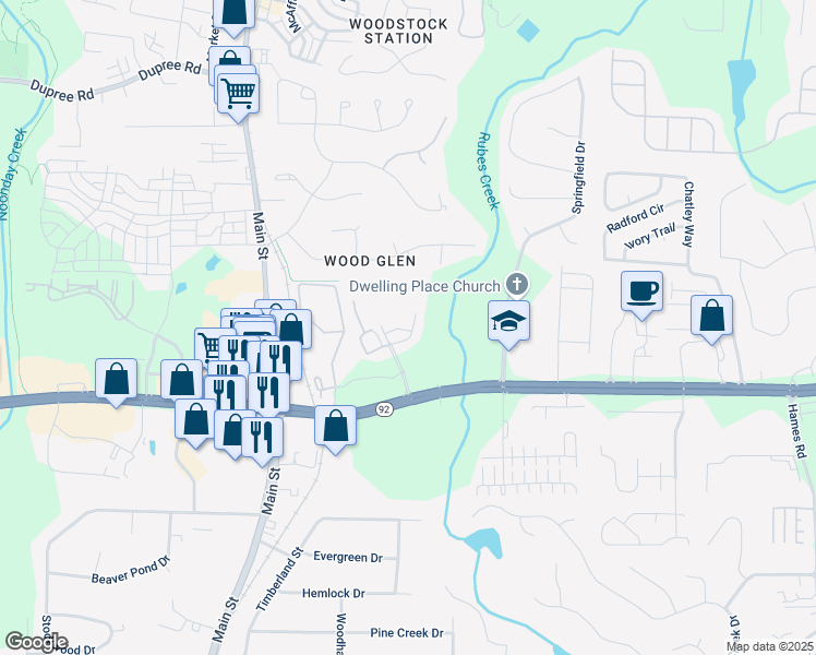 map of restaurants, bars, coffee shops, grocery stores, and more near 106 Meadow Street in Woodstock