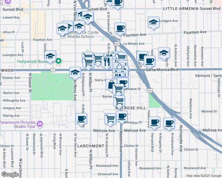map of restaurants, bars, coffee shops, grocery stores, and more near 5452 Sierra Vista Avenue in Los Angeles
