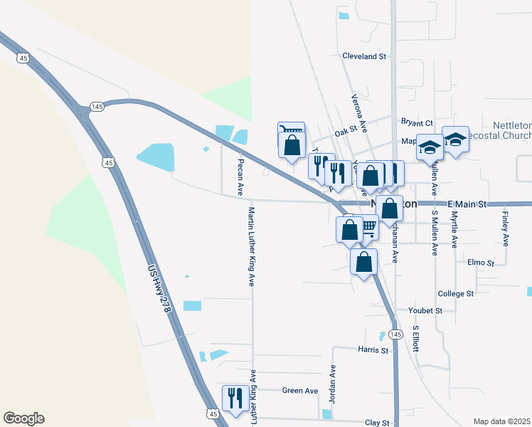 map of restaurants, bars, coffee shops, grocery stores, and more near 149 West Main Street in Nettleton