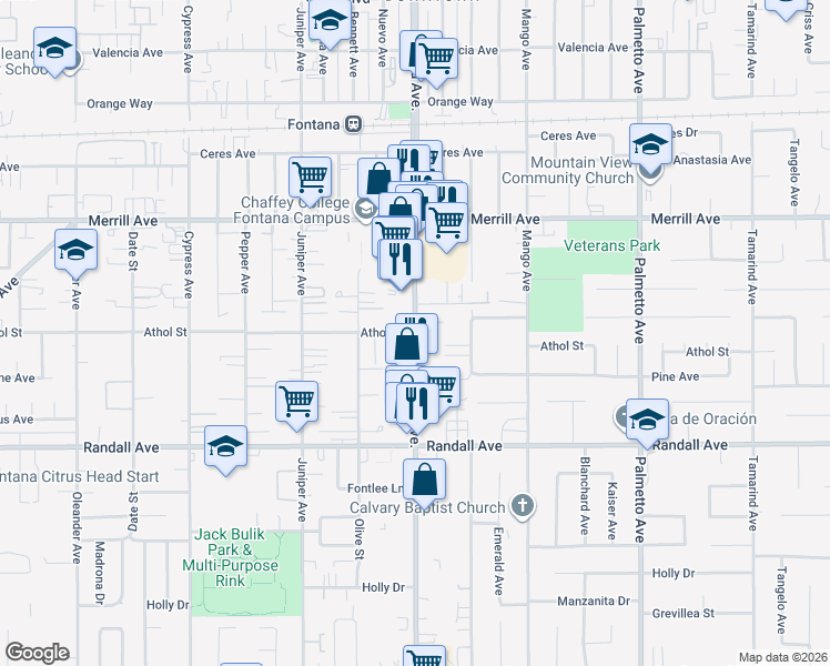 map of restaurants, bars, coffee shops, grocery stores, and more near Sierra Avenue in Fontana