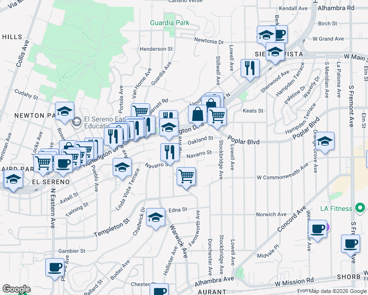map of restaurants, bars, coffee shops, grocery stores, and more near 5308 Oakland Street in Los Angeles