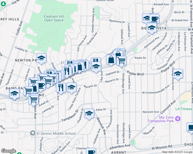map of restaurants, bars, coffee shops, grocery stores, and more near 5243 Oakland Street in Los Angeles