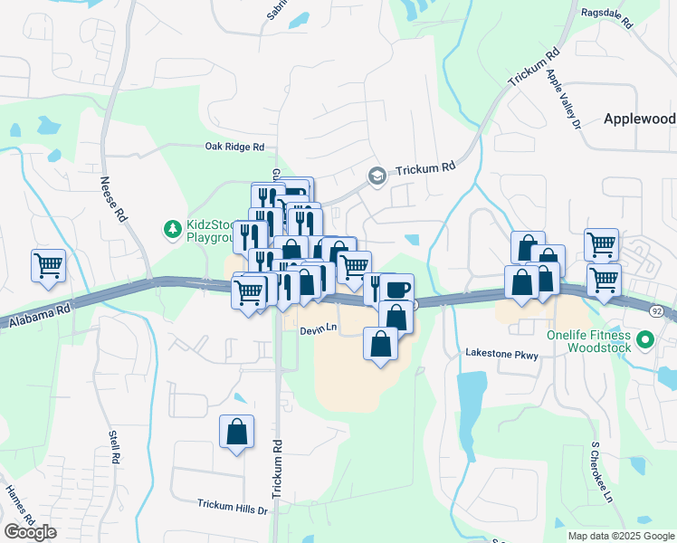 map of restaurants, bars, coffee shops, grocery stores, and more near 407 Aerif Place in Woodstock