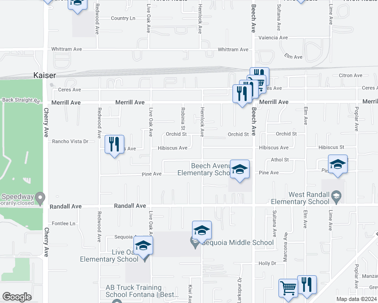 map of restaurants, bars, coffee shops, grocery stores, and more near 15045 Hibiscus Avenue in Fontana