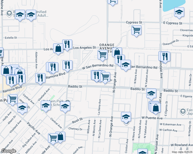map of restaurants, bars, coffee shops, grocery stores, and more near 945 North Morris Avenue in West Covina