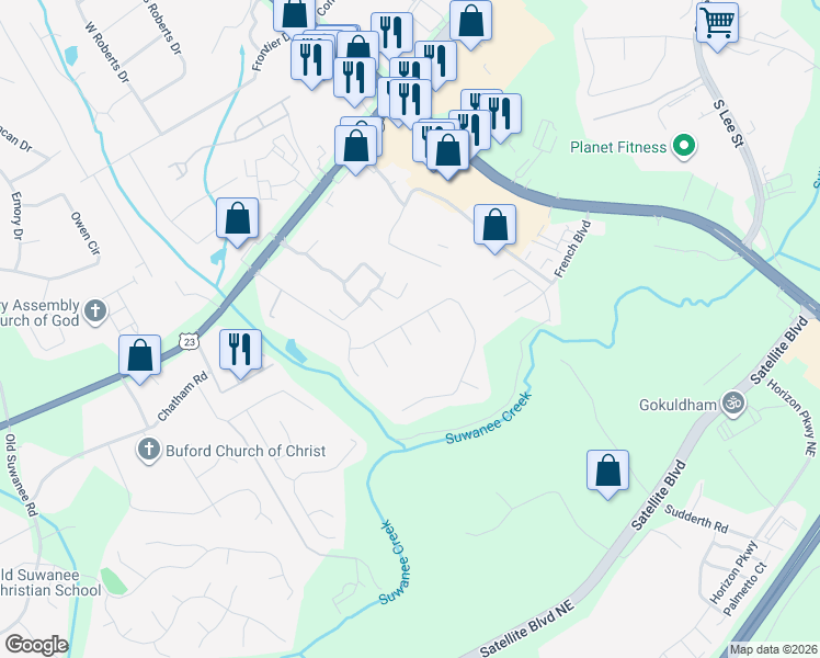map of restaurants, bars, coffee shops, grocery stores, and more near 4204 Ripley Court in Buford
