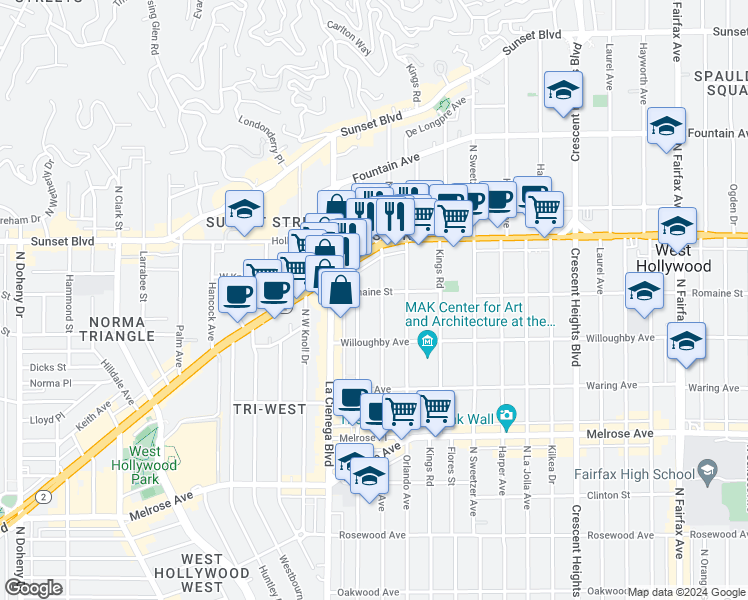 map of restaurants, bars, coffee shops, grocery stores, and more near 955 Croft Avenue in Los Angeles