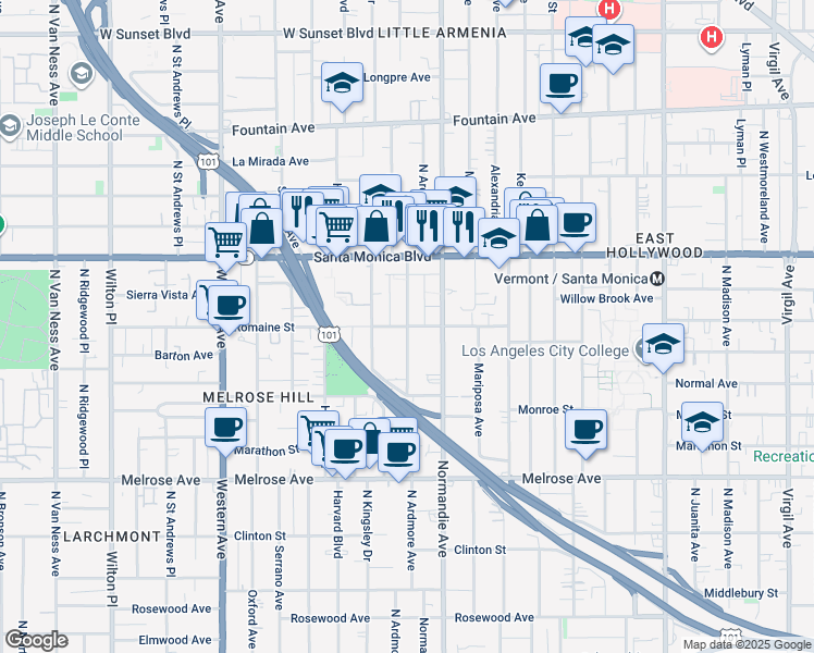 map of restaurants, bars, coffee shops, grocery stores, and more near 1029 North Ardmore Avenue in Los Angeles