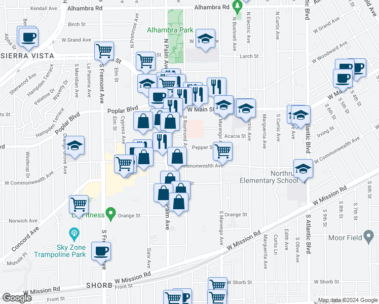 map of restaurants, bars, coffee shops, grocery stores, and more near 1904 Pepper Street in Alhambra