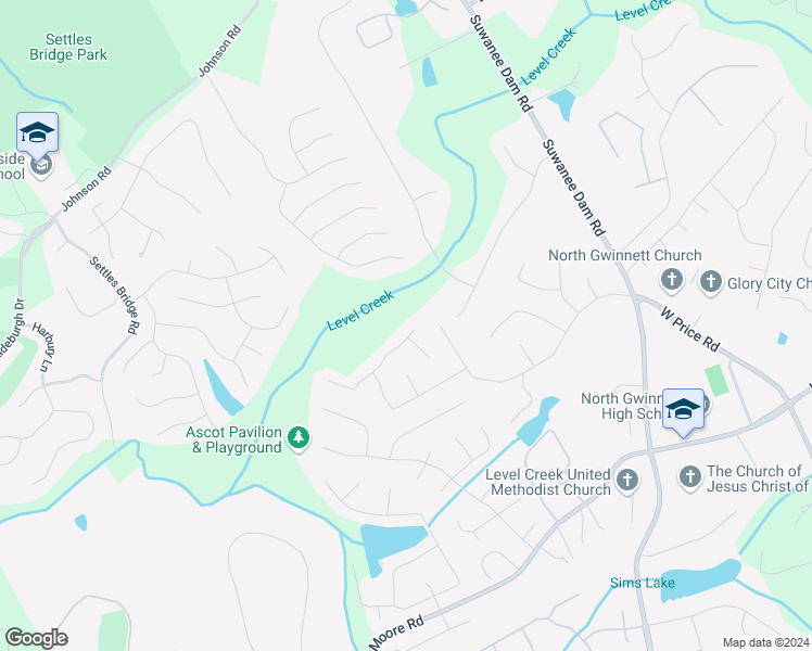map of restaurants, bars, coffee shops, grocery stores, and more near 195 Gaines Oak Way in Suwanee