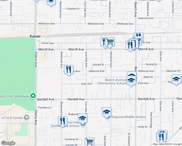 map of restaurants, bars, coffee shops, grocery stores, and more near 14935 Hibiscus Avenue in Fontana