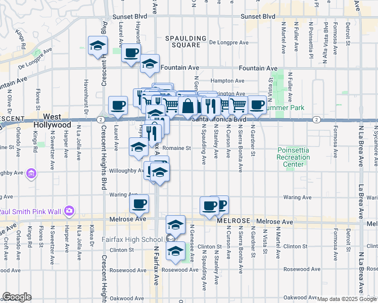 map of restaurants, bars, coffee shops, grocery stores, and more near 947 North Genesee Avenue in West Hollywood