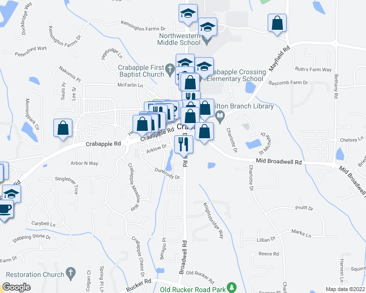 map of restaurants, bars, coffee shops, grocery stores, and more near 12590 Broadwell Road in Alpharetta