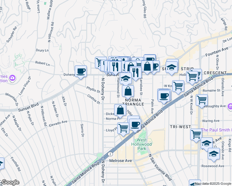 map of restaurants, bars, coffee shops, grocery stores, and more near 9006 Phyllis Avenue in West Hollywood