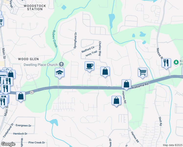 map of restaurants, bars, coffee shops, grocery stores, and more near 338 Cherryhill Lane in Woodstock