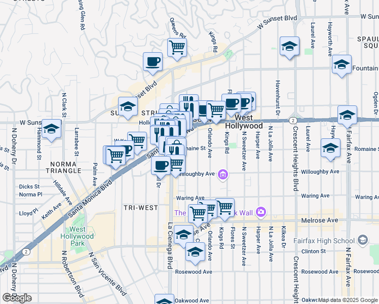 map of restaurants, bars, coffee shops, grocery stores, and more near 960 North Alfred Street in Los Angeles