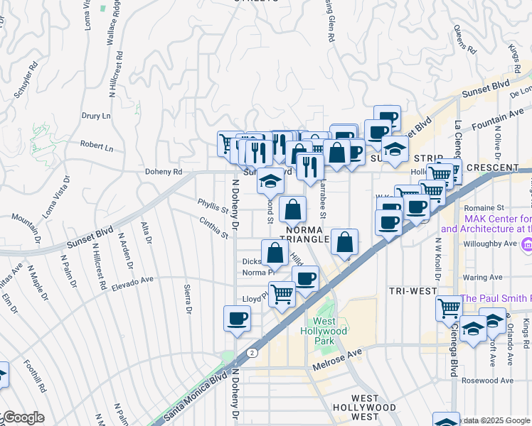 map of restaurants, bars, coffee shops, grocery stores, and more near 9006 Phyllis Avenue in West Hollywood