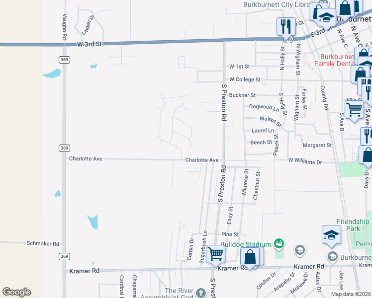 map of restaurants, bars, coffee shops, grocery stores, and more near 402 Swenson Street in Burkburnett