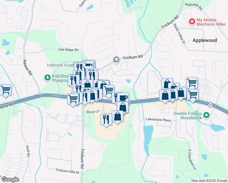 map of restaurants, bars, coffee shops, grocery stores, and more near 334 Acuba View in Woodstock