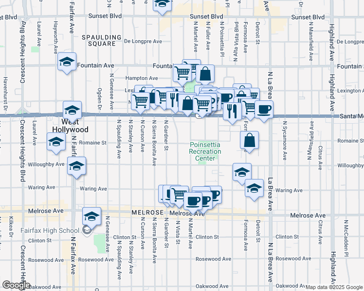 map of restaurants, bars, coffee shops, grocery stores, and more near 958 North Vista Street in Los Angeles