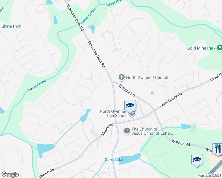 map of restaurants, bars, coffee shops, grocery stores, and more near 5012 Suwanee Dam Road in Suwanee