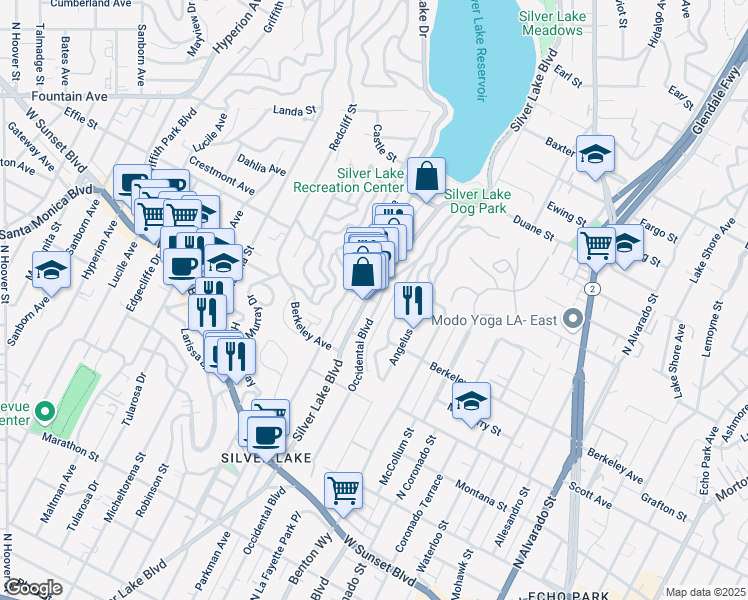 map of restaurants, bars, coffee shops, grocery stores, and more near 1637 Silver Lake Boulevard in Los Angeles
